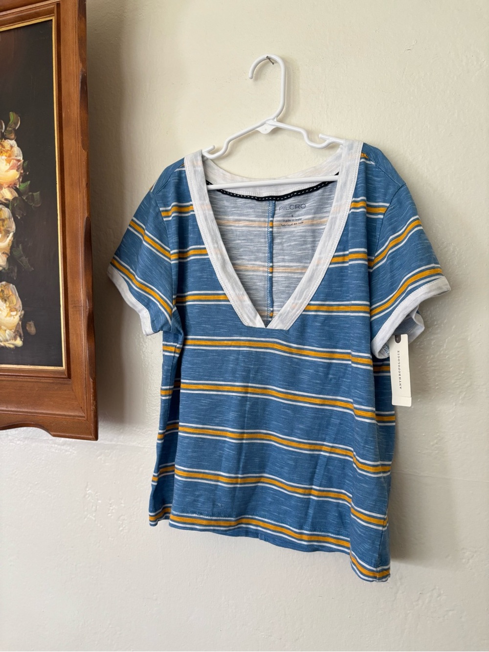 Pilcro Moth Blue Striped V-Neck Short Sleeve Tee with Yellow Accents